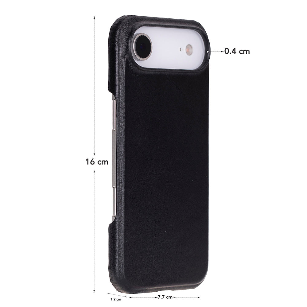 Black leather iPhone case with cutout for camera and side buttons, raised edges.