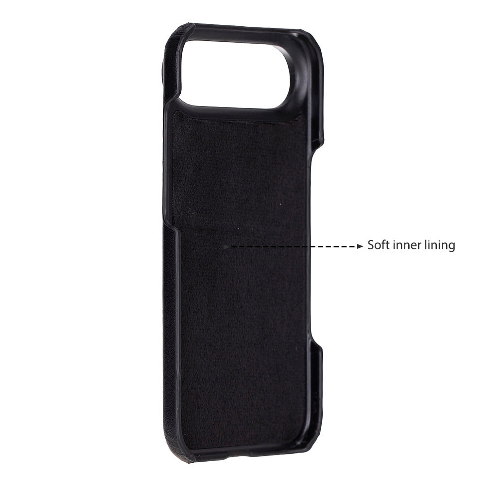 Black leather iPhone case with soft inner lining and open top cutout.