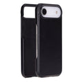 Black leather iPhone case with protective flap and camera cutout, slim profile.