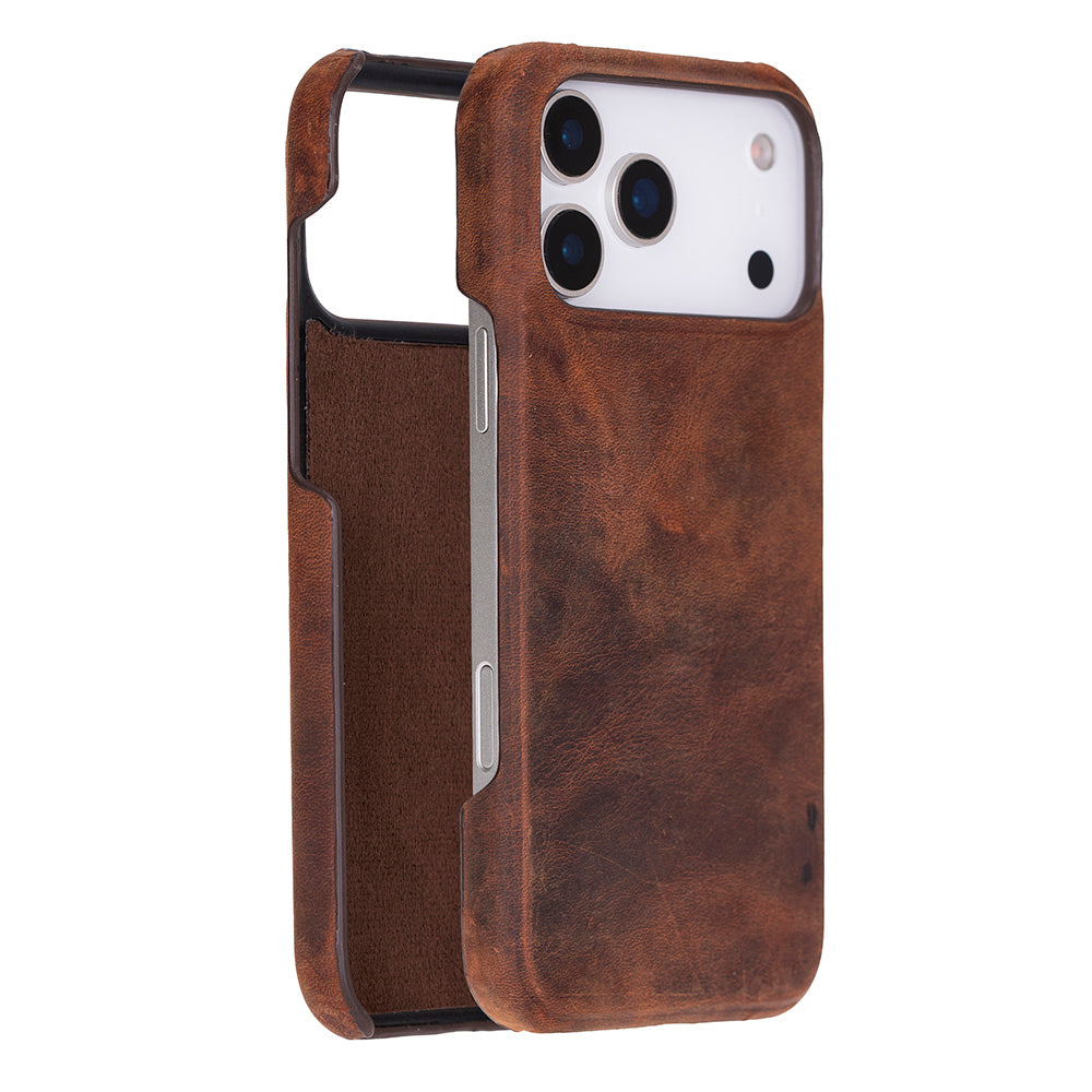 Antic Brown leather iPhone 17 Pro Max case with camera cutouts and flip cover
