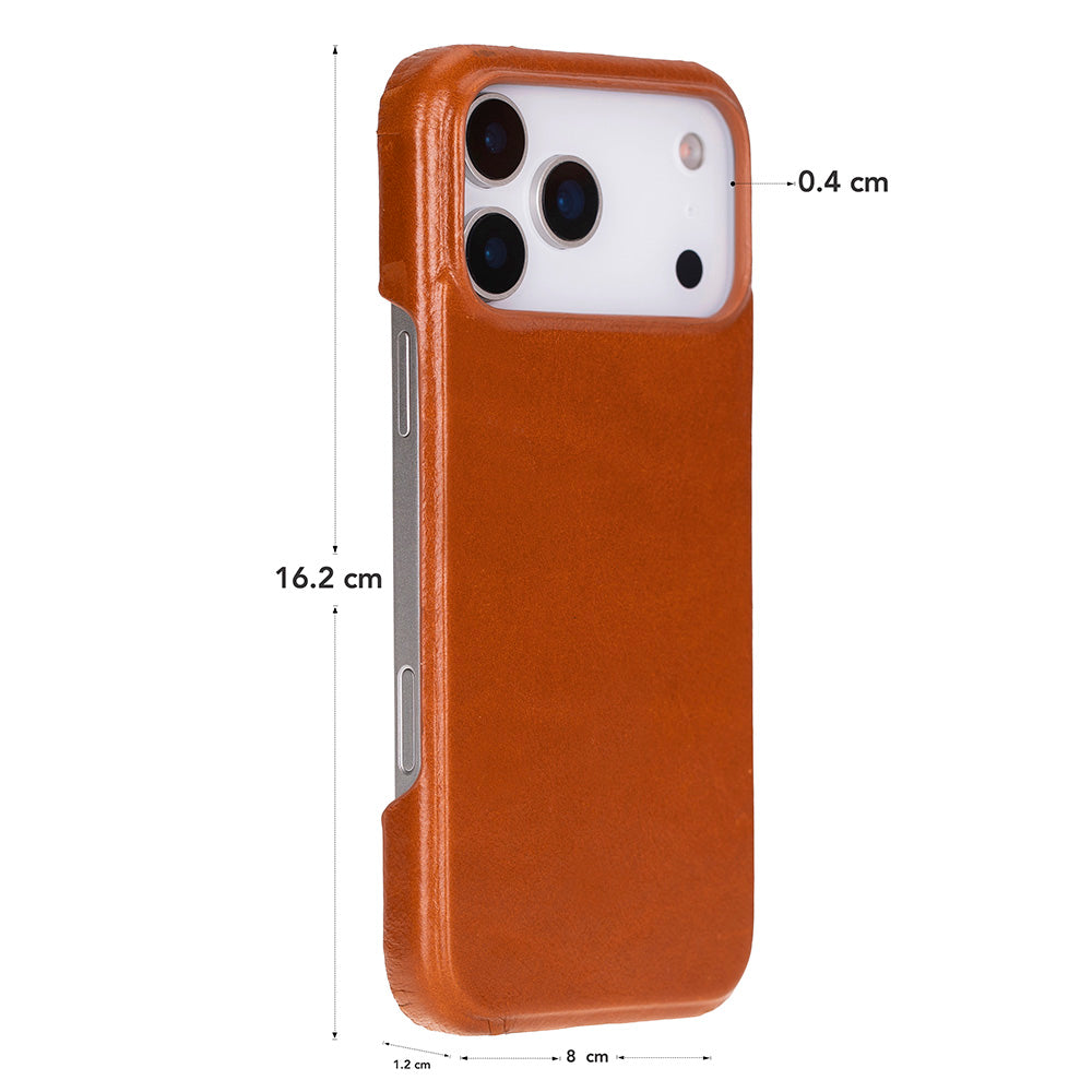 Tan leather iPhone 17 Pro Max case, slim profile with camera openings