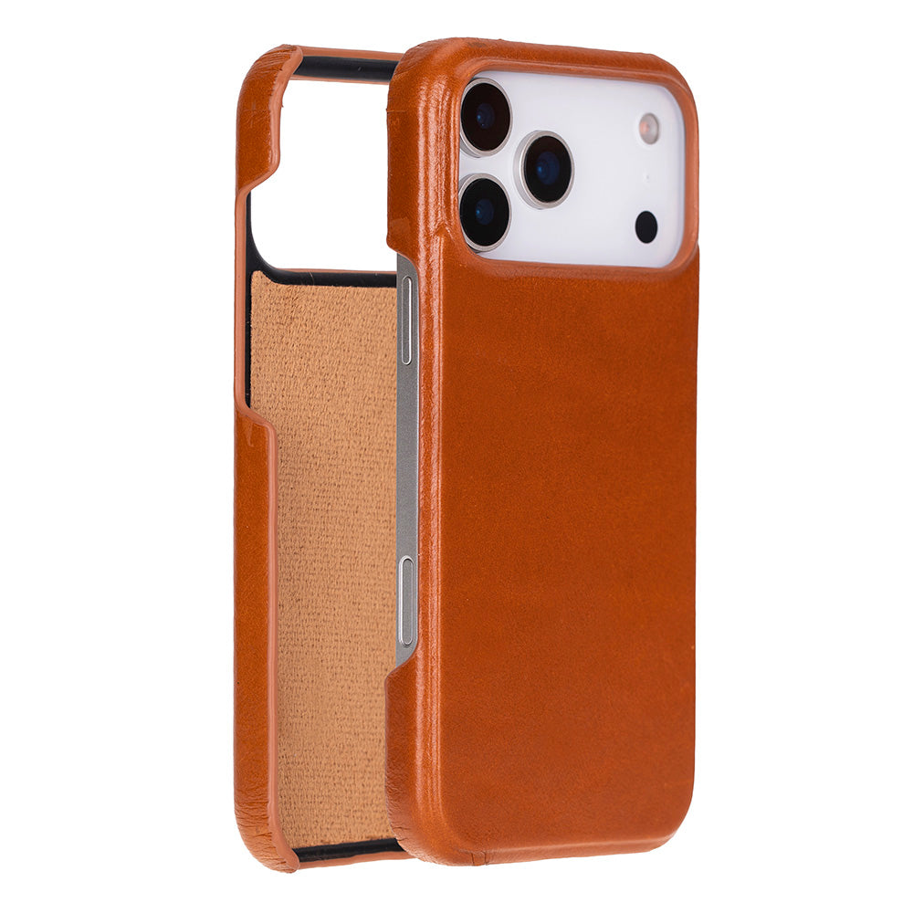 Tan leather iPhone 17 Pro Max case with camera cutouts and side button openings