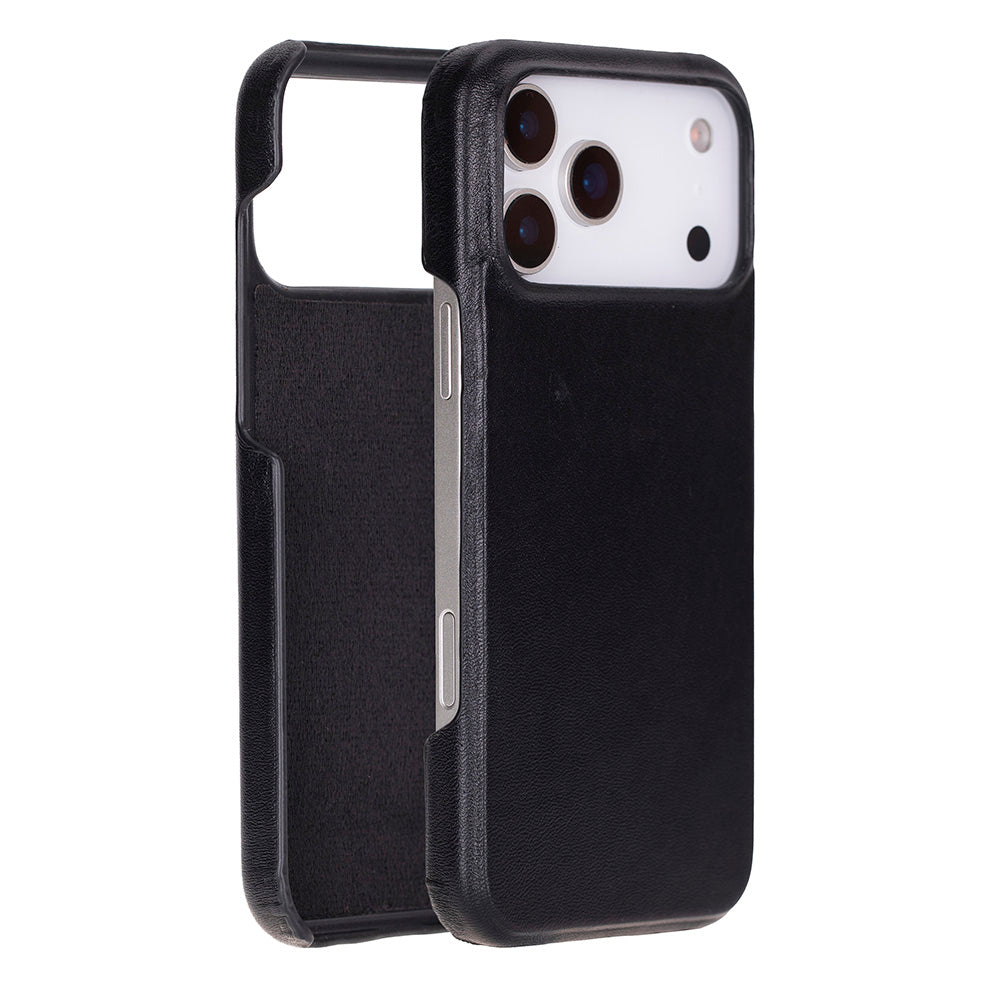 Black leather iPhone 17 Pro Max case with camera cutouts and side button openings