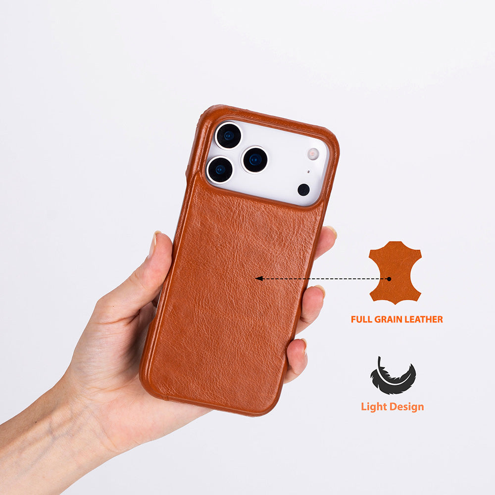 Tan leather iPhone 17 Pro Max case with textured back and camera cutouts