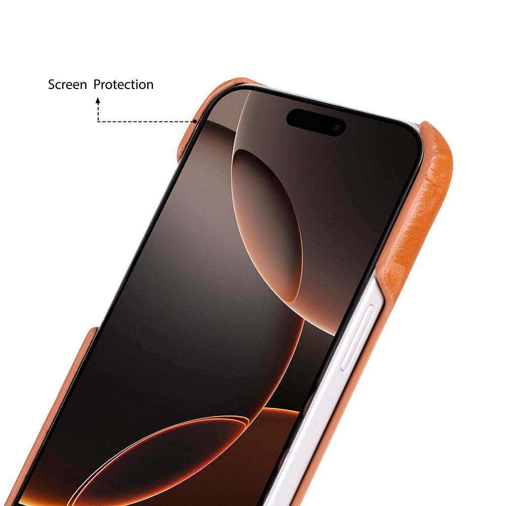 Tan leather iPhone 17 Pro Max case with raised screen edge for protection