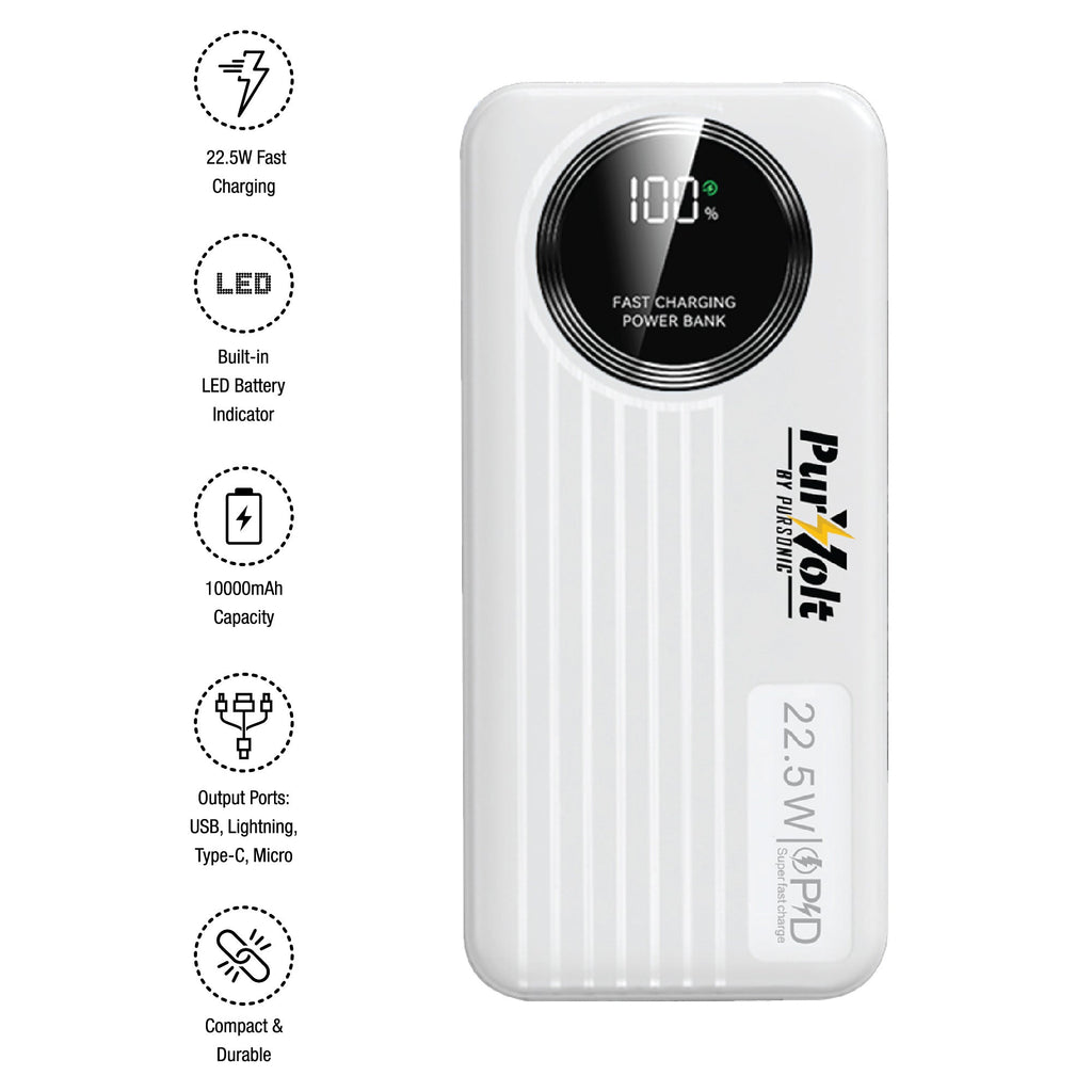 White power bank front view with circular LED readout and 22.5W label