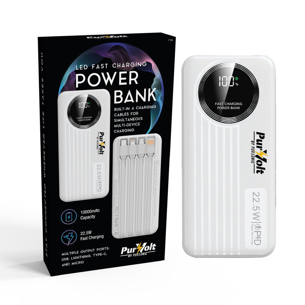 White 10000mAh fast charging power bank with front LED 100% display