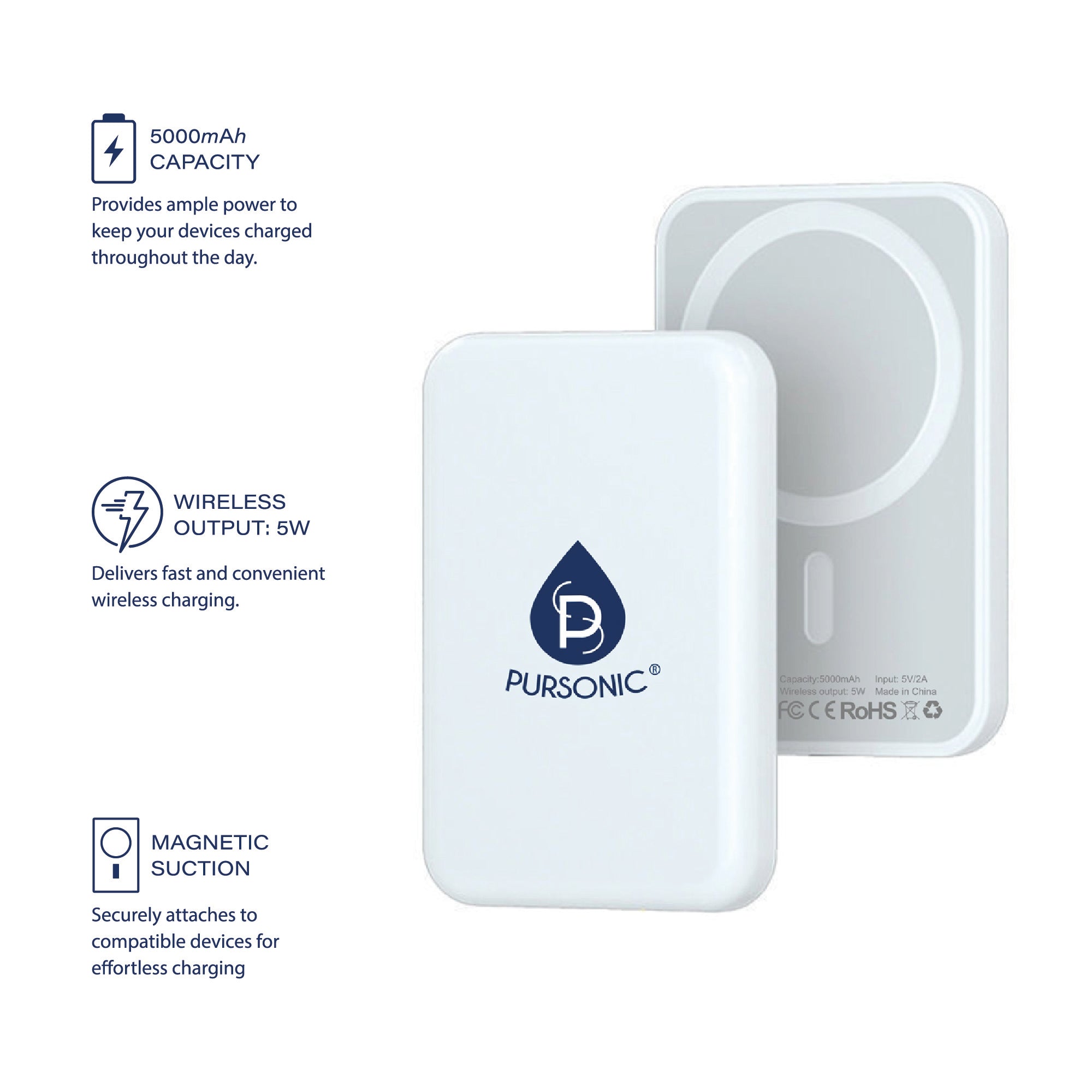 White magnetic wireless power bank with wireless charging surface and back panel