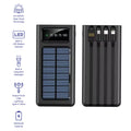 Black solar power bank with LED display, built-in flashlight, and multi-port design