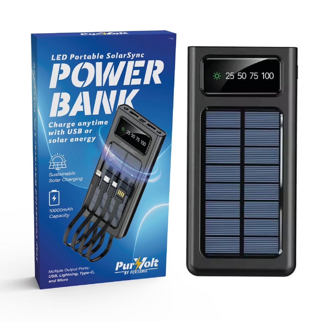 Solar power bank in retail box, black device with LED screen and solar panel