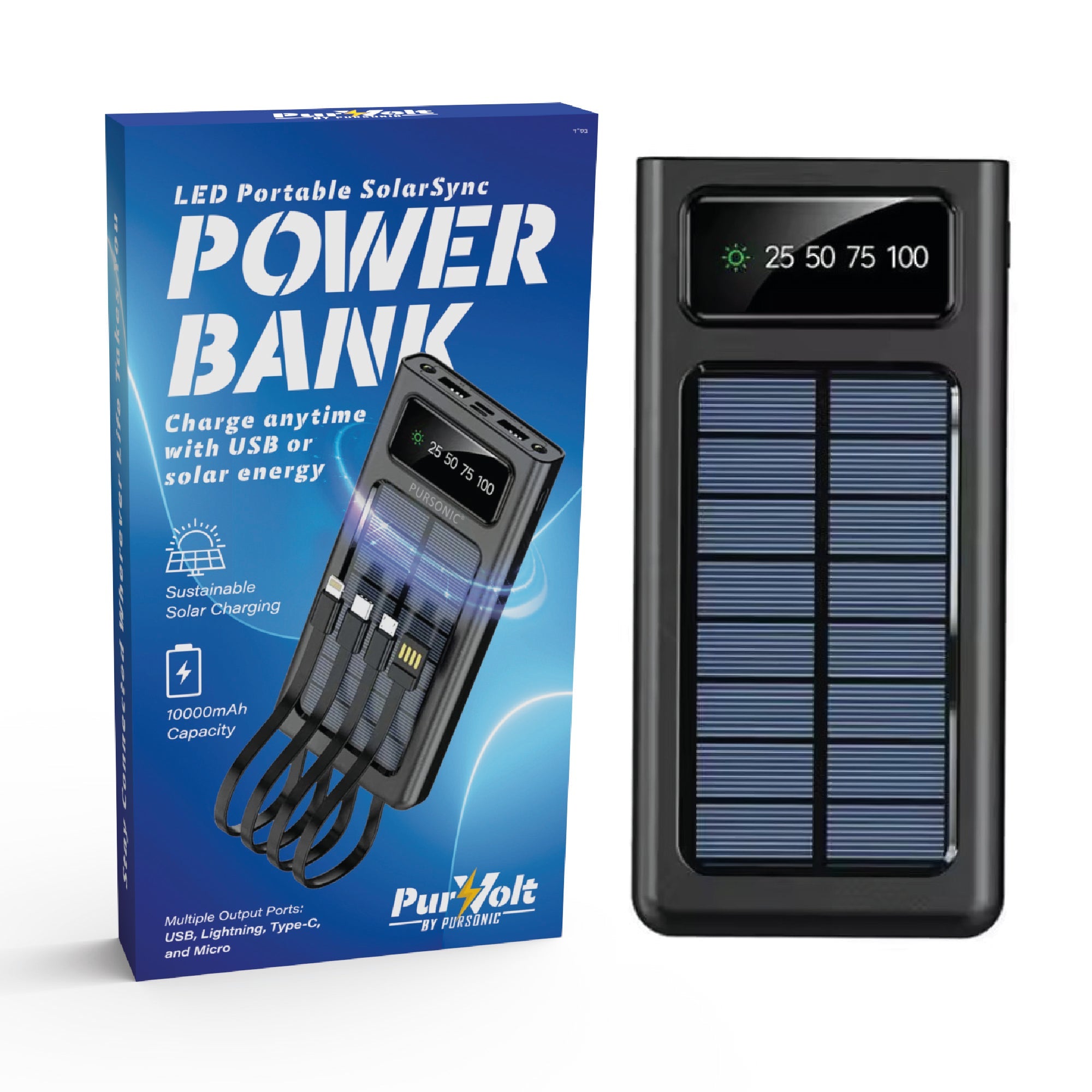 Solar power bank in retail box, black device with LED screen and solar panel