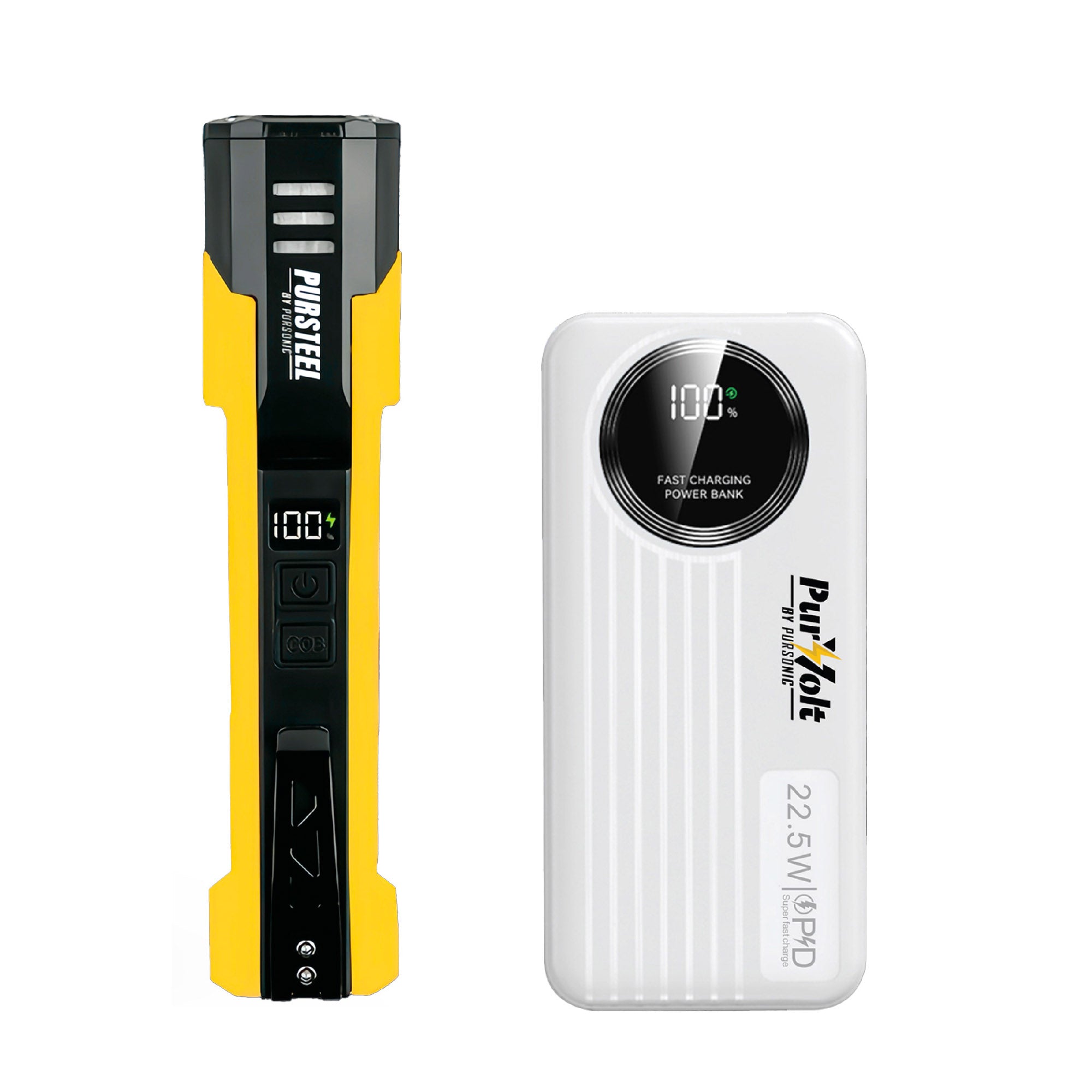 Yellow and black LED flashlight and white fast-charging power bank, shown together.