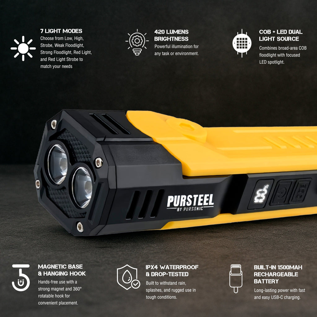 Yellow and black dual-head rechargeable flashlight with rubber grip and control buttons.
