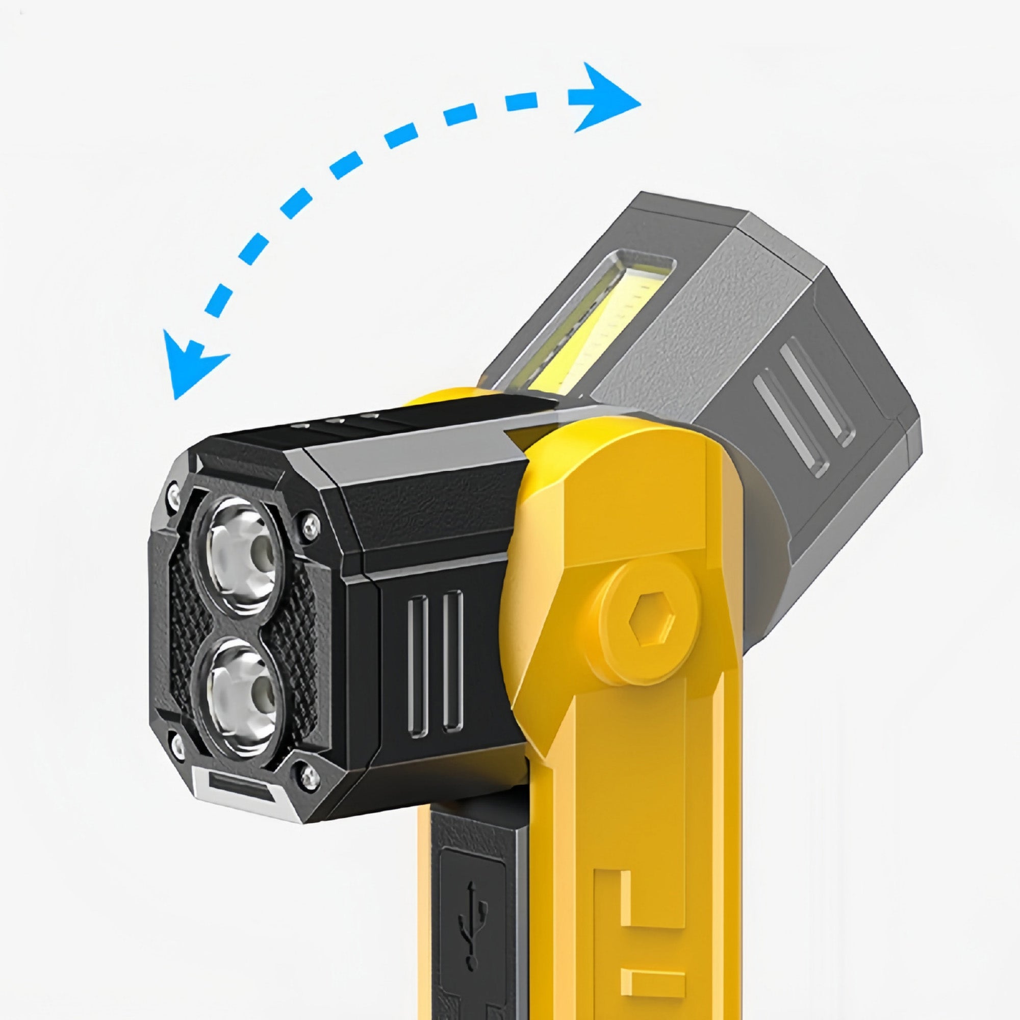 Gray and yellow flashlight head with two round LEDs and side control button.