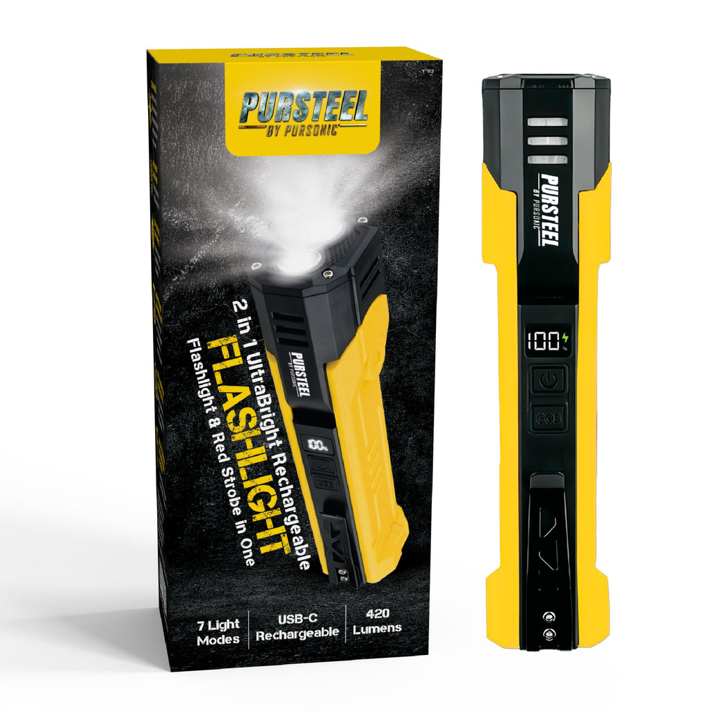 Rechargeable yellow and black flashlight with product box packaging.