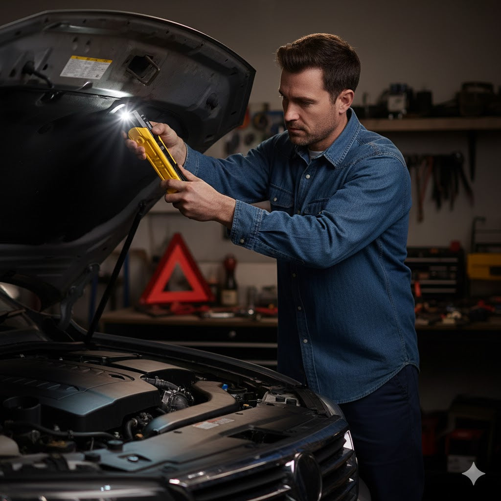 Rechargeable yellow handheld flashlight with LED beam, used under vehicle hood.