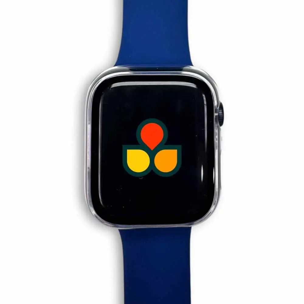 Satin Guard case cover with silver frame on blue watch band