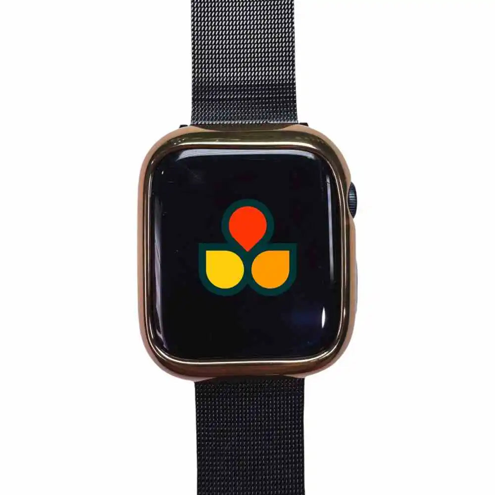 Rose gold watch case cover with black screen and mesh strap, side button cutout