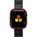 Red watch case cover with black screen and mesh strap, side button cutout