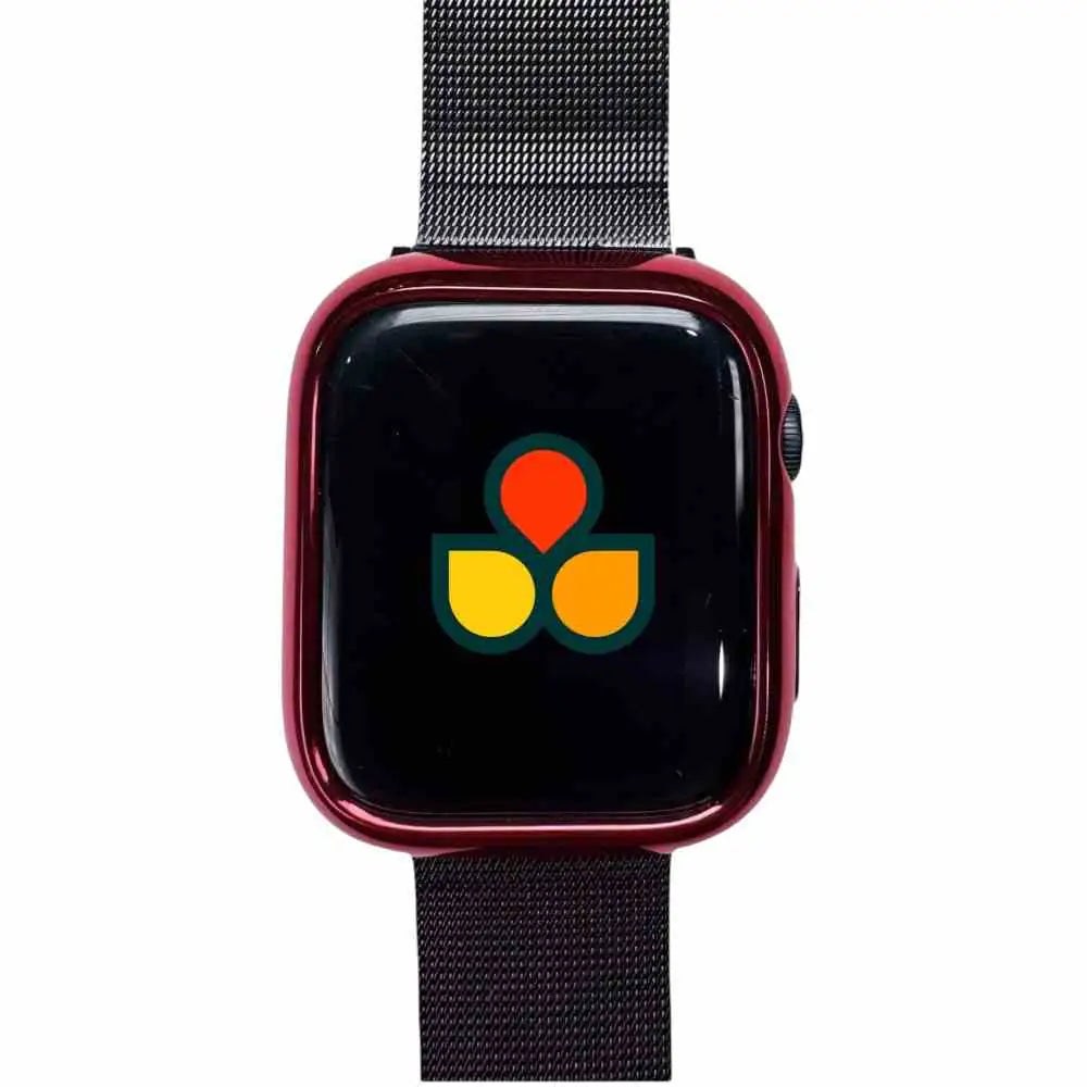Red watch case cover with black screen and mesh strap, side button cutout