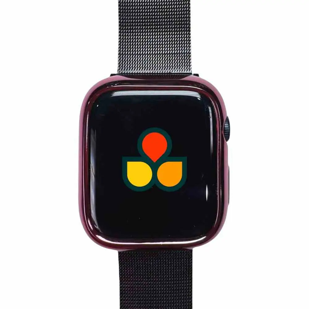 Rose pink watch case cover with black screen and mesh strap, side button cutout