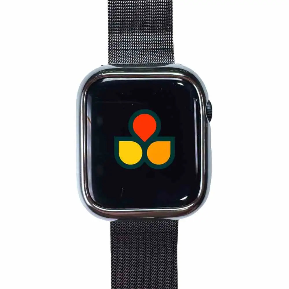 Silver watch case cover with black screen and mesh strap, side button cutout
