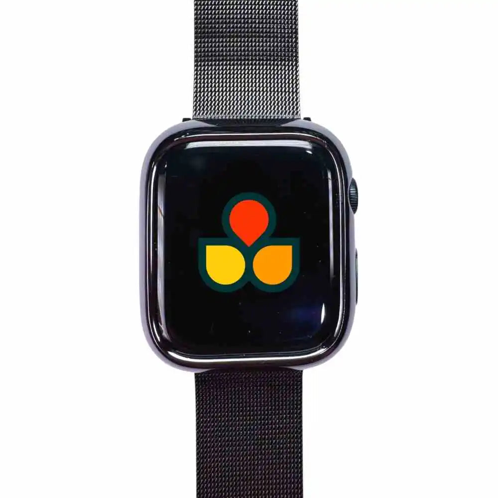 Black watch case cover with black screen and mesh strap, side button cutout