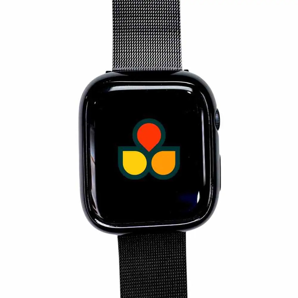 Black watch case cover with black screen and mesh strap, side button cutout