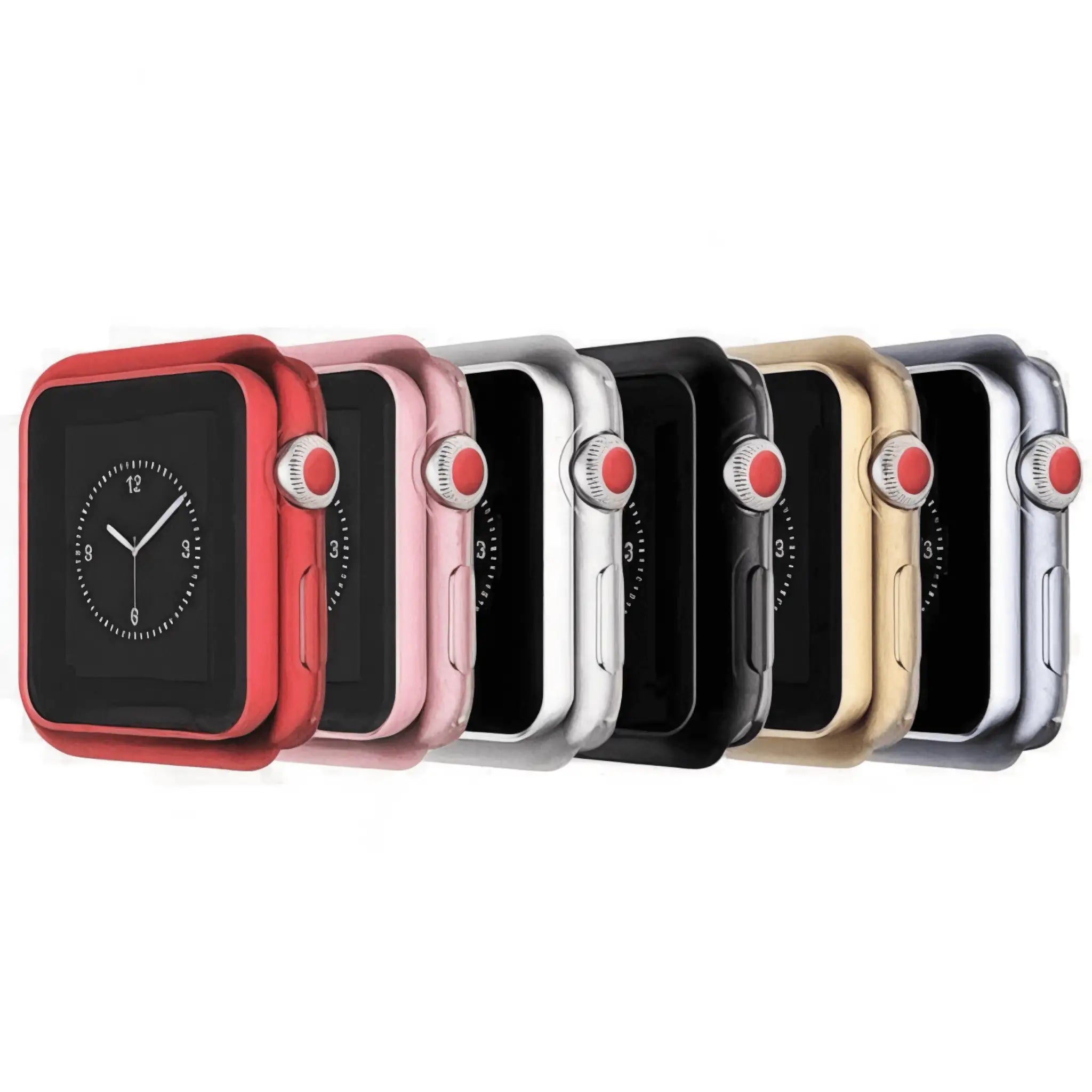 Set of watch case covers in red, pink, gray, black, gold, and silver with side cutouts
