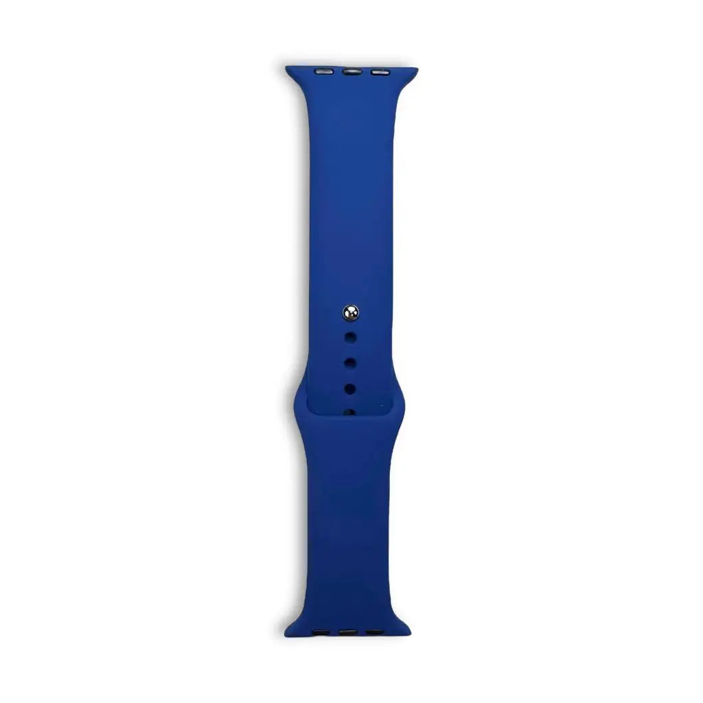 Silicone Apple Watch strap in royal blue, with adjustment holes and metal pin clasp