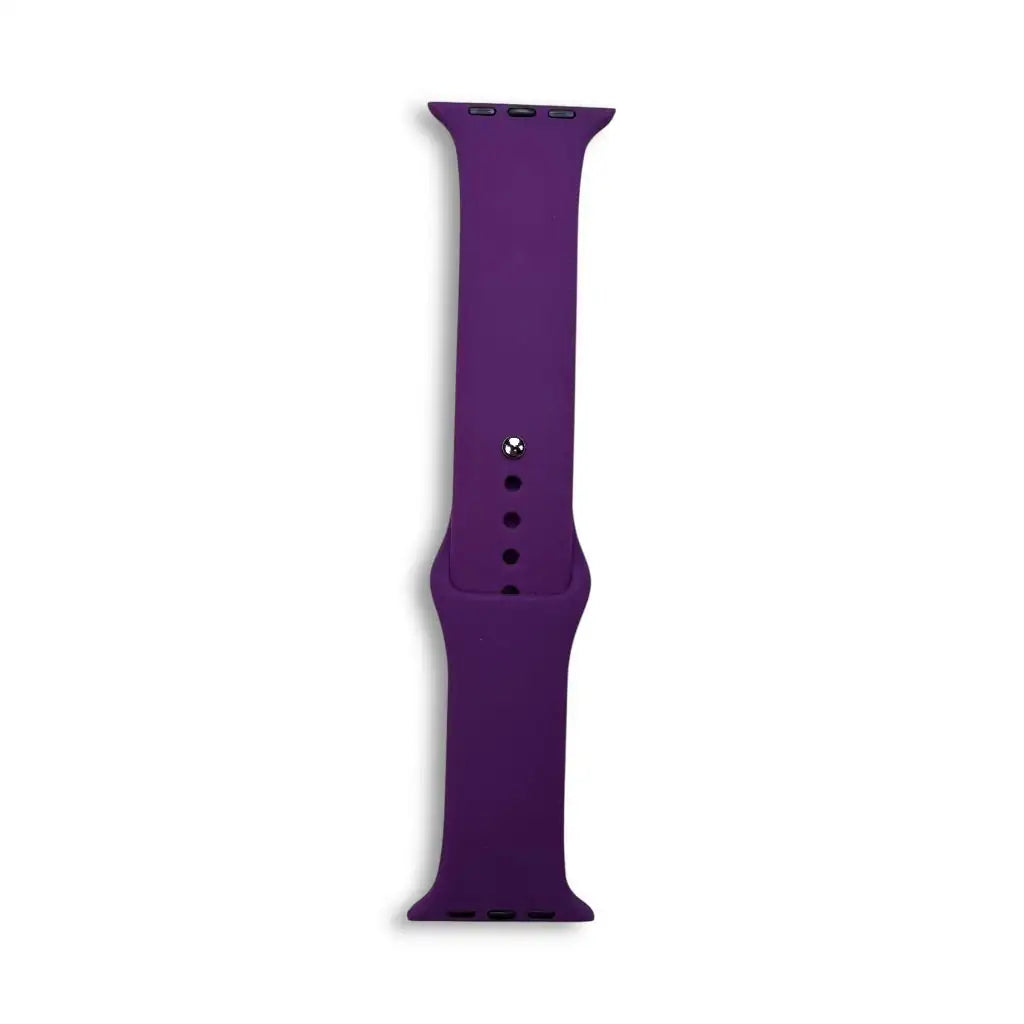 Silicone Apple Watch strap in purple, with adjustment holes and metal pin clasp