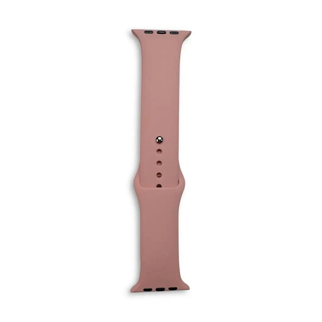 Pink silicone Apple Watch sport strap with adjustment holes and buckle end