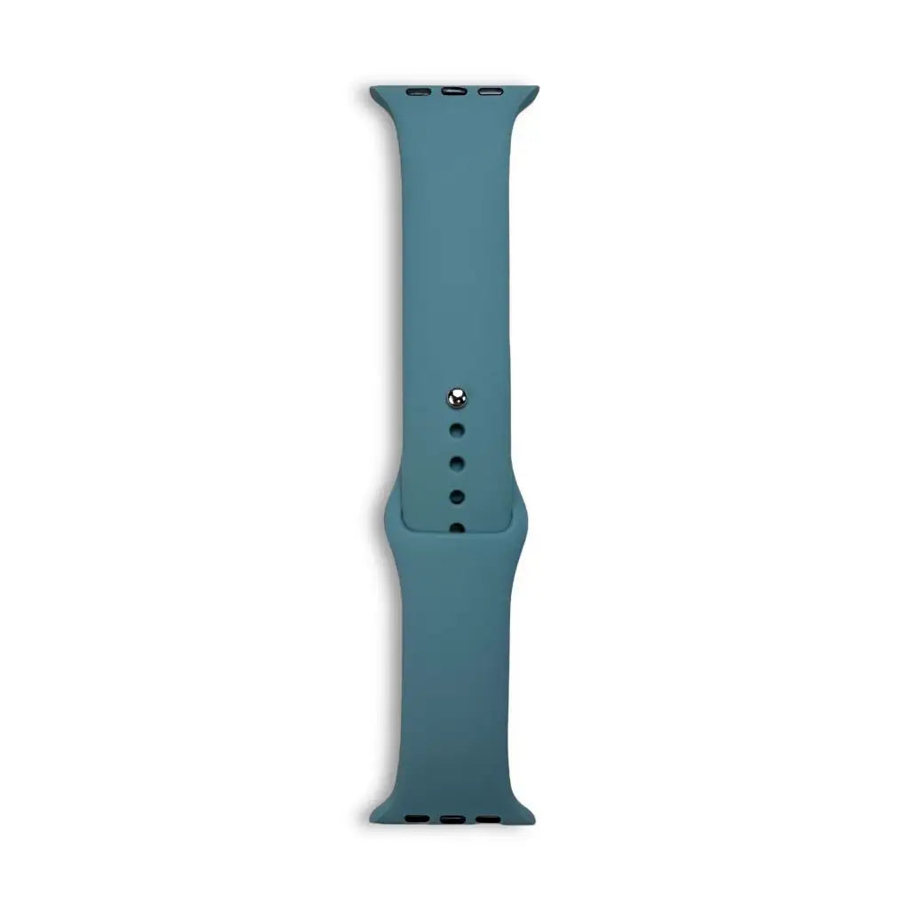 Blue-teal silicone Apple Watch sport strap with pin holes and keeper slots