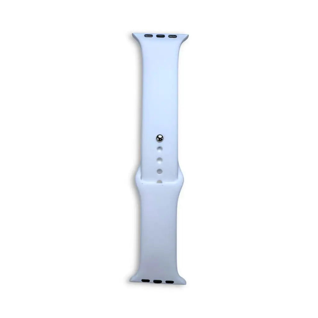 Light blue silicone Apple Watch sport strap with adjustment holes and metal buckle