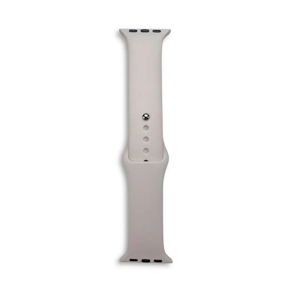 Silicone Apple Watch strap in light gray, with adjustment holes and metal pin clasp