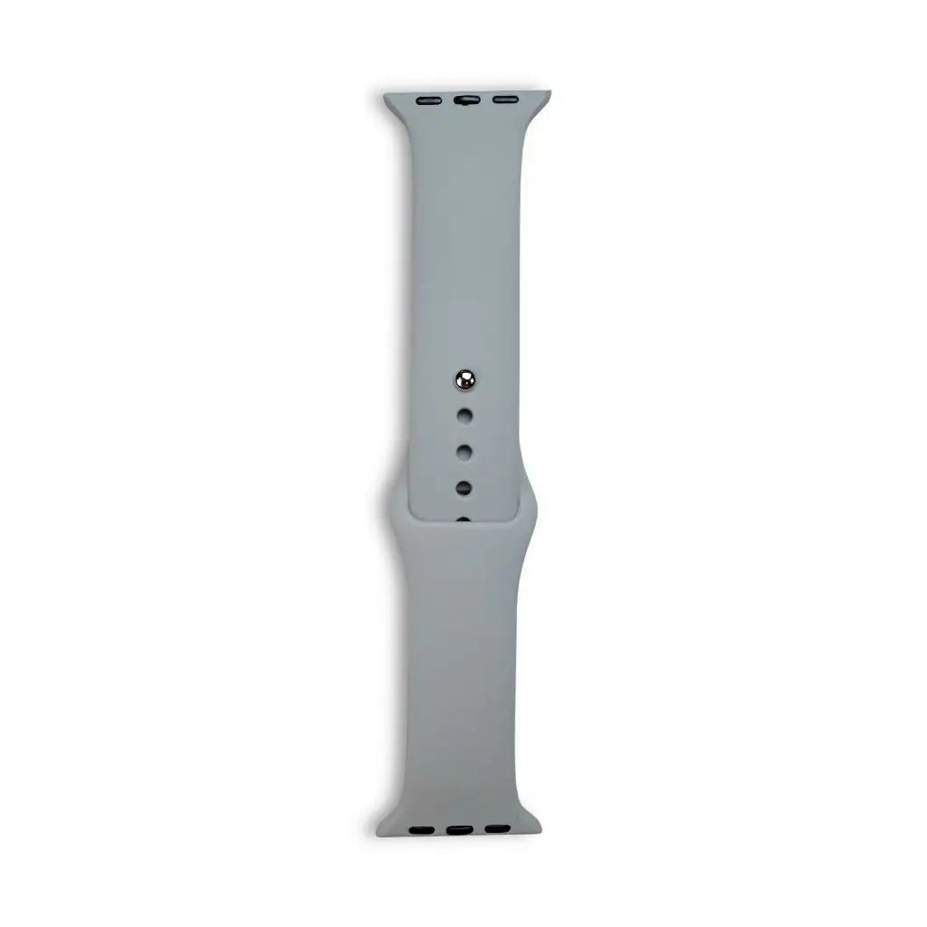 Silicone Apple Watch strap in pale blue-gray, with adjustment holes and metal pin clasp