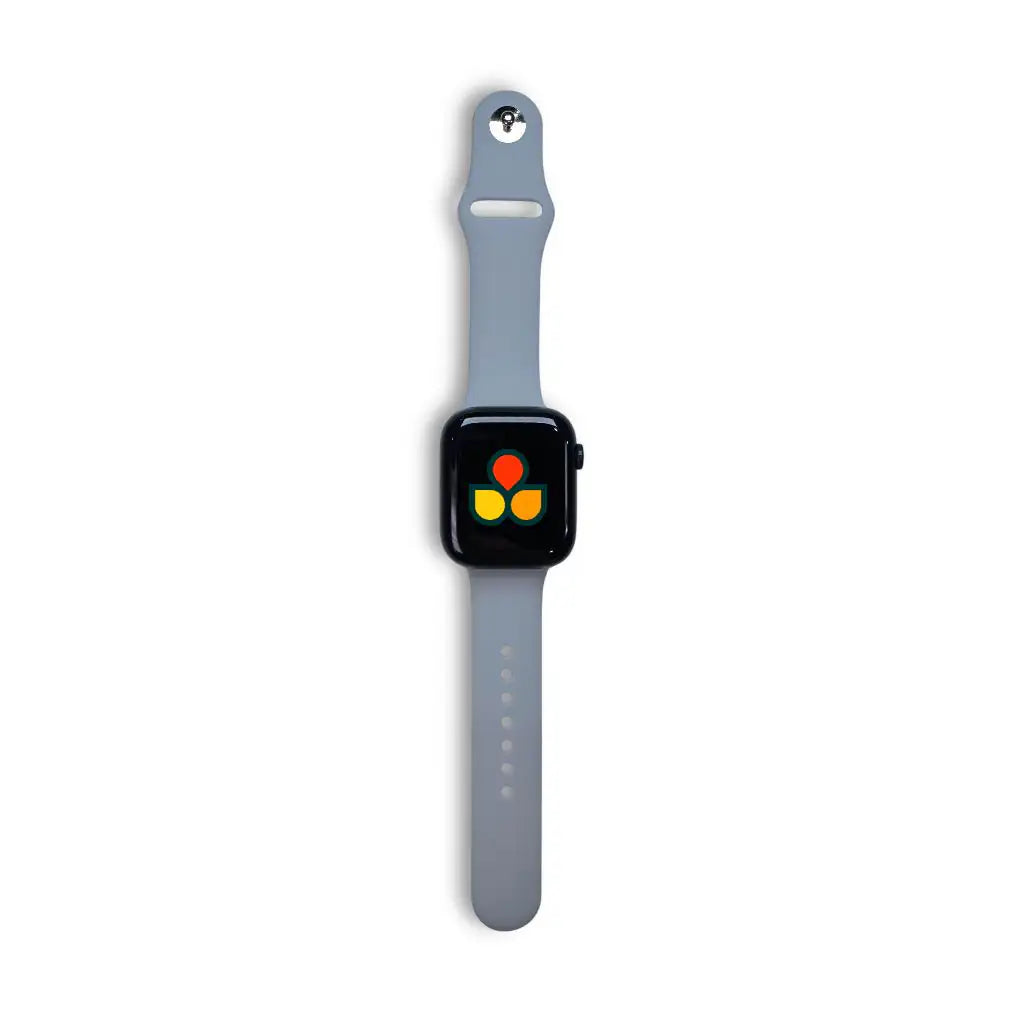Light blue silicone Apple Watch sport strap with pin holes and smartwatch dock