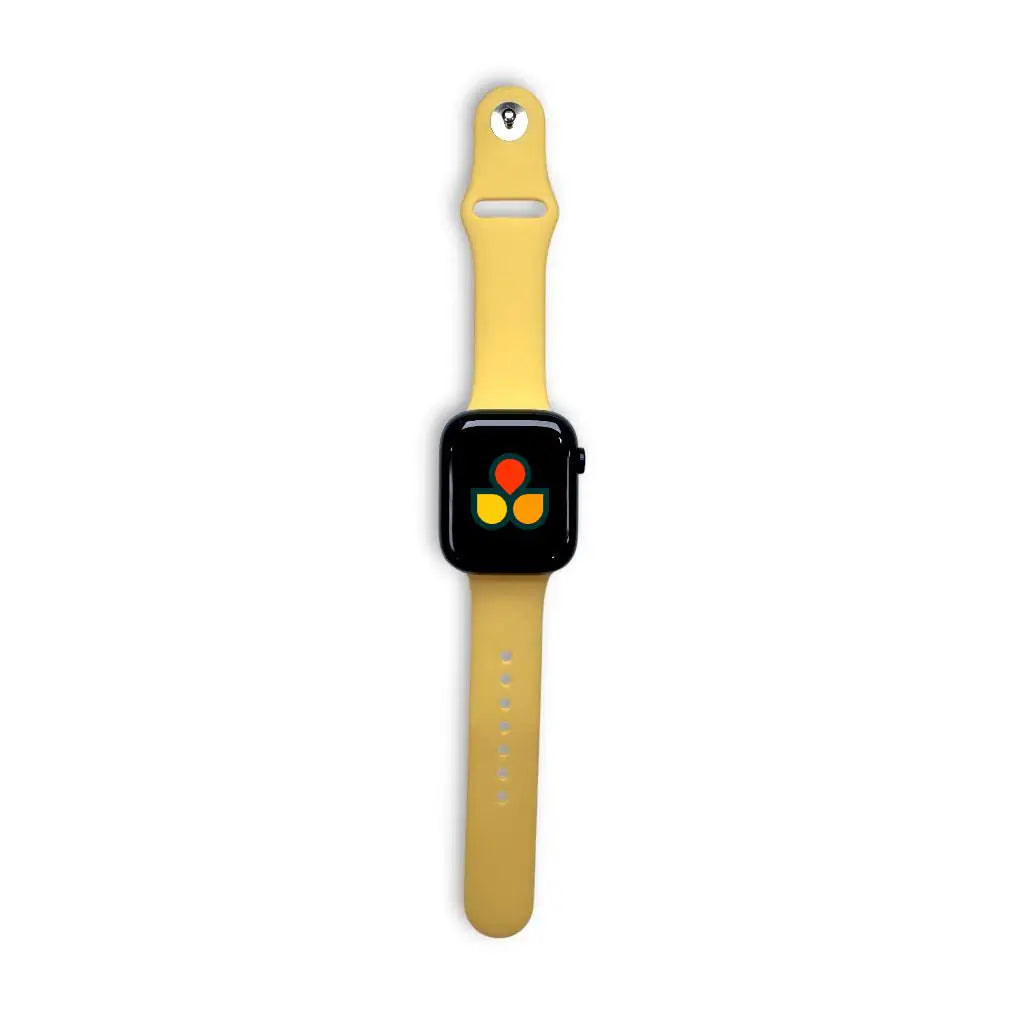 Yellow silicone Apple Watch sport strap with adjustment holes and metal buckle