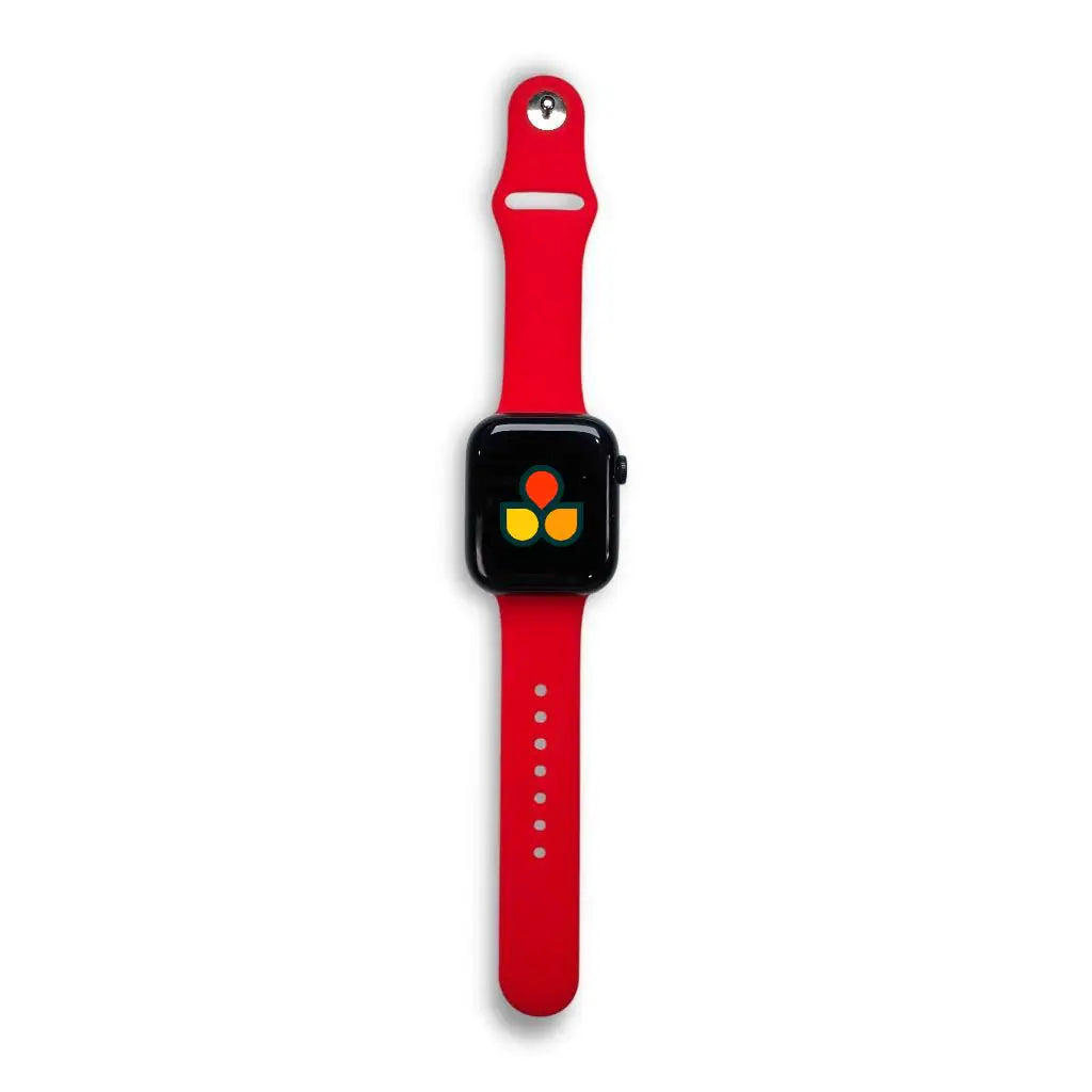 Red silicone Apple Watch sport strap with pin holes and metal buckle