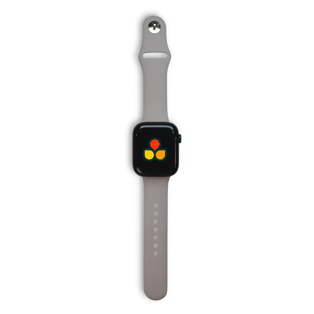 Silicone Apple Watch strap in light gray with matching watch case and adjustment holes