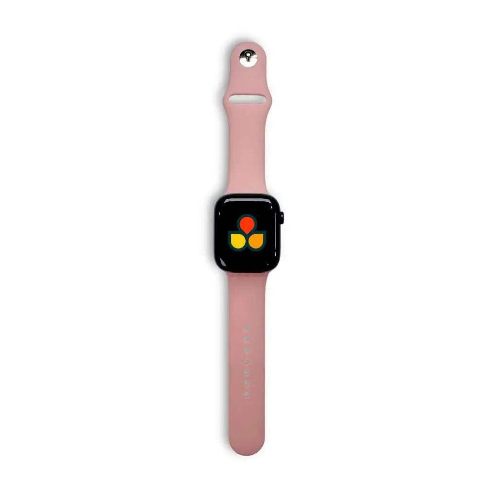 Silicone Apple Watch strap in light pink with matching watch case and adjustment holes