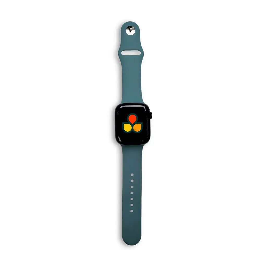 Silicone Apple Watch strap in dark teal with matching watch case and adjustment holes