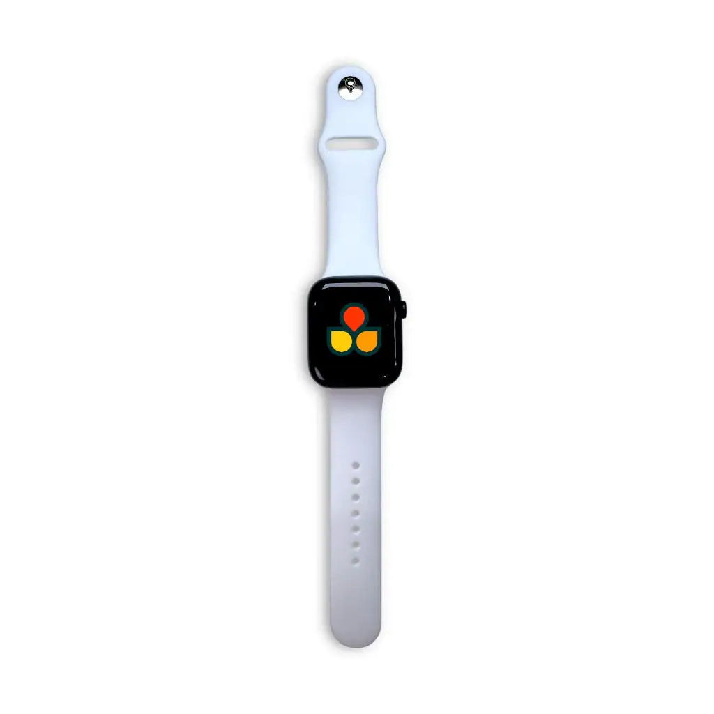 Light blue silicone Apple Watch sport strap with pin holes and metal buckle