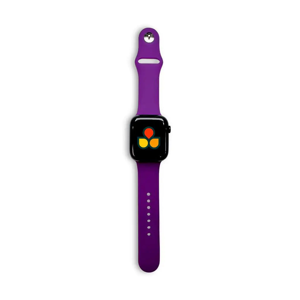 Silicone Apple Watch strap in purple with matching watch case and adjustment holes
