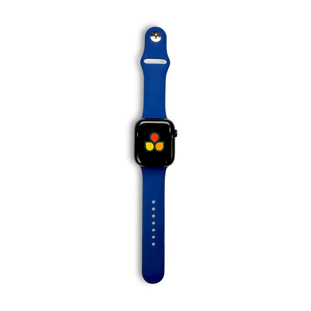 Silicone Apple Watch strap in dark blue with matching watch case and adjustment holes