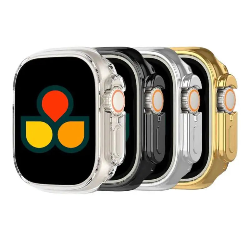 Stacked watch case covers in clear, black, silver, and gold with side button cutouts