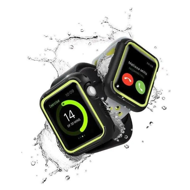 Rugged sport case cover for Apple Watch, black with neon green trim