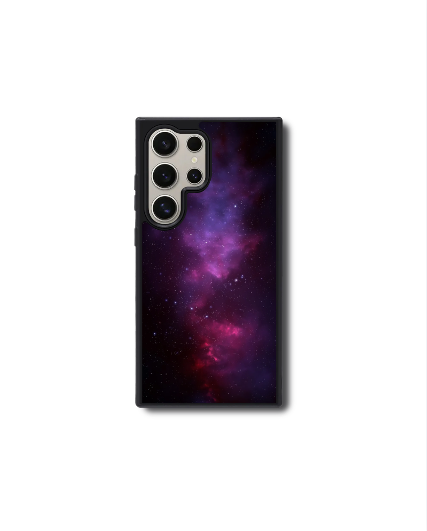 Galaxy-pattern phone case, dark purple space print with triple lens cutouts