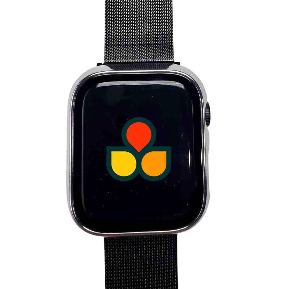 Silver watch case cover with clear gloss screen and black mesh strap