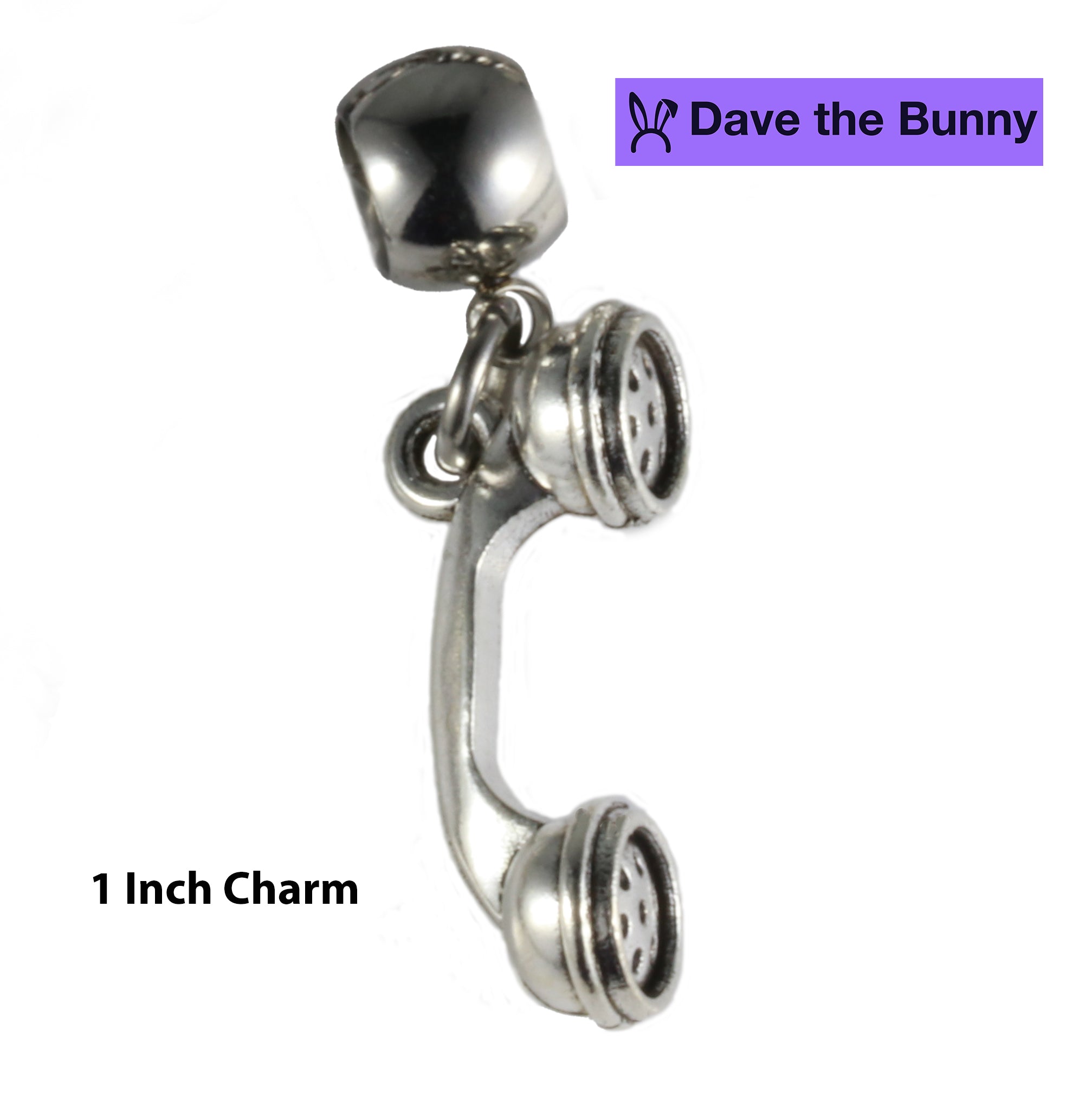 Silver phone charm with two round vented metal caps and linked ring
